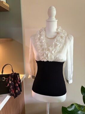 Toi et Moi White Ruffled V-Neck Blouse with Black Ribbed Waist